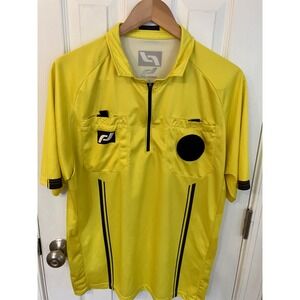 Real Deal Referee Soccer Jersey Yellow Black Short Sleeve Zip Pockets L